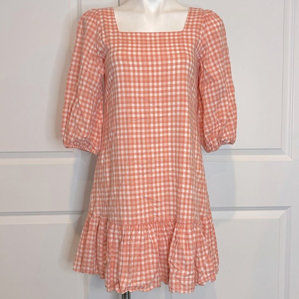 Bleecker 126 Peach White Gingham Plaid Puff Sleeve Lace Up Back A-line Dress 4